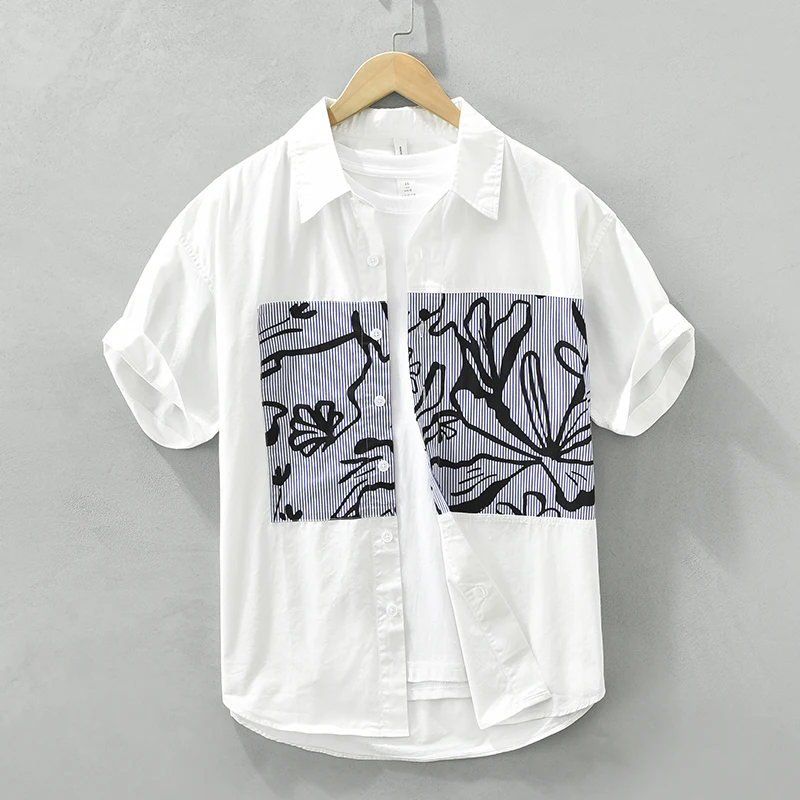 

Striped Patchwork Short Sleeve Shirt for Men Pure Cotton Turn-down Collar Tops 2023 Summer New