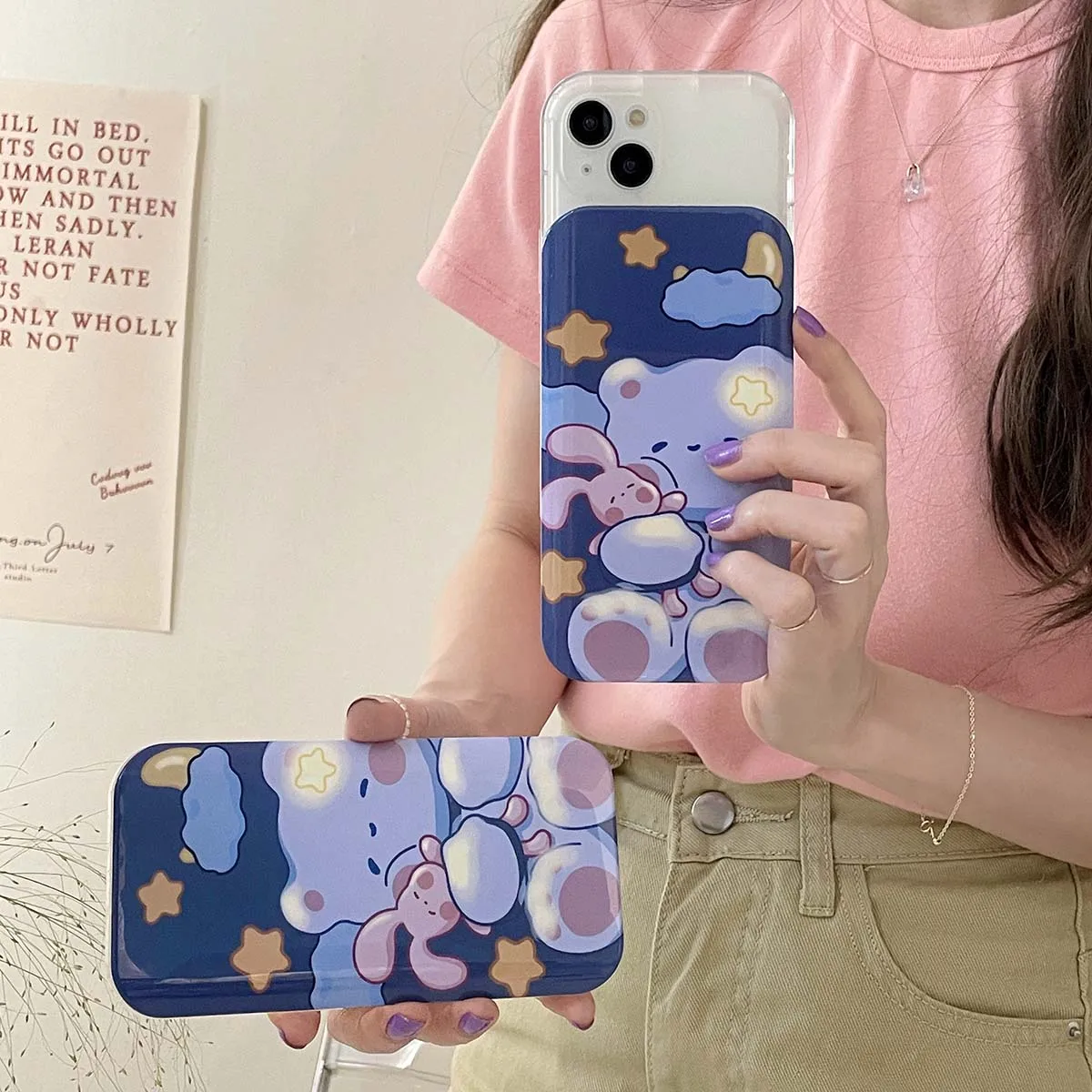 Cartoon Cute Bear Back Cover For iPhone 14 13 12 11 Pro Max With Invisible Mirror Full Coverage Slide Lens Protection Phone Case