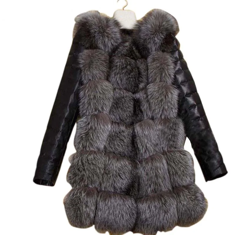 

S-4XL Fashion Autumn Winter Coat Women Faux Fox Fur Coat with PU sleeve Female Fake Fur Jacket gilet chalecos de pelo mujer