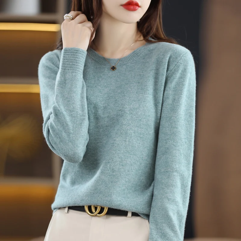

Autumn Winter New Woman 100% Wool Sweater Horseshoe Design O-Neck Pullover Casual Knitted Tops Cashmere Female Sweater