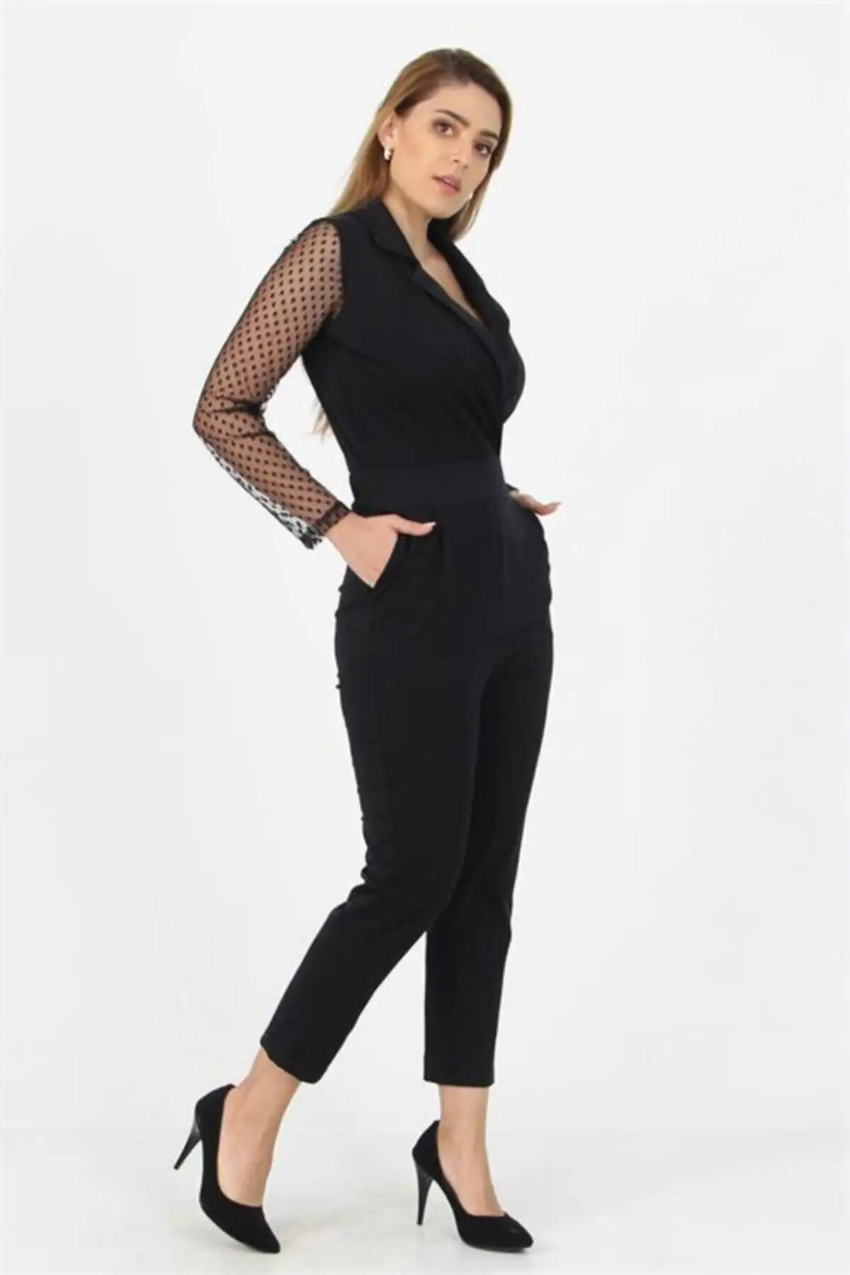 

Women's Overalls New Season Pocket Sleeves Tulle Detailed Double Breasted Jumpsuit Hot Casual Fashion Jumpsuit