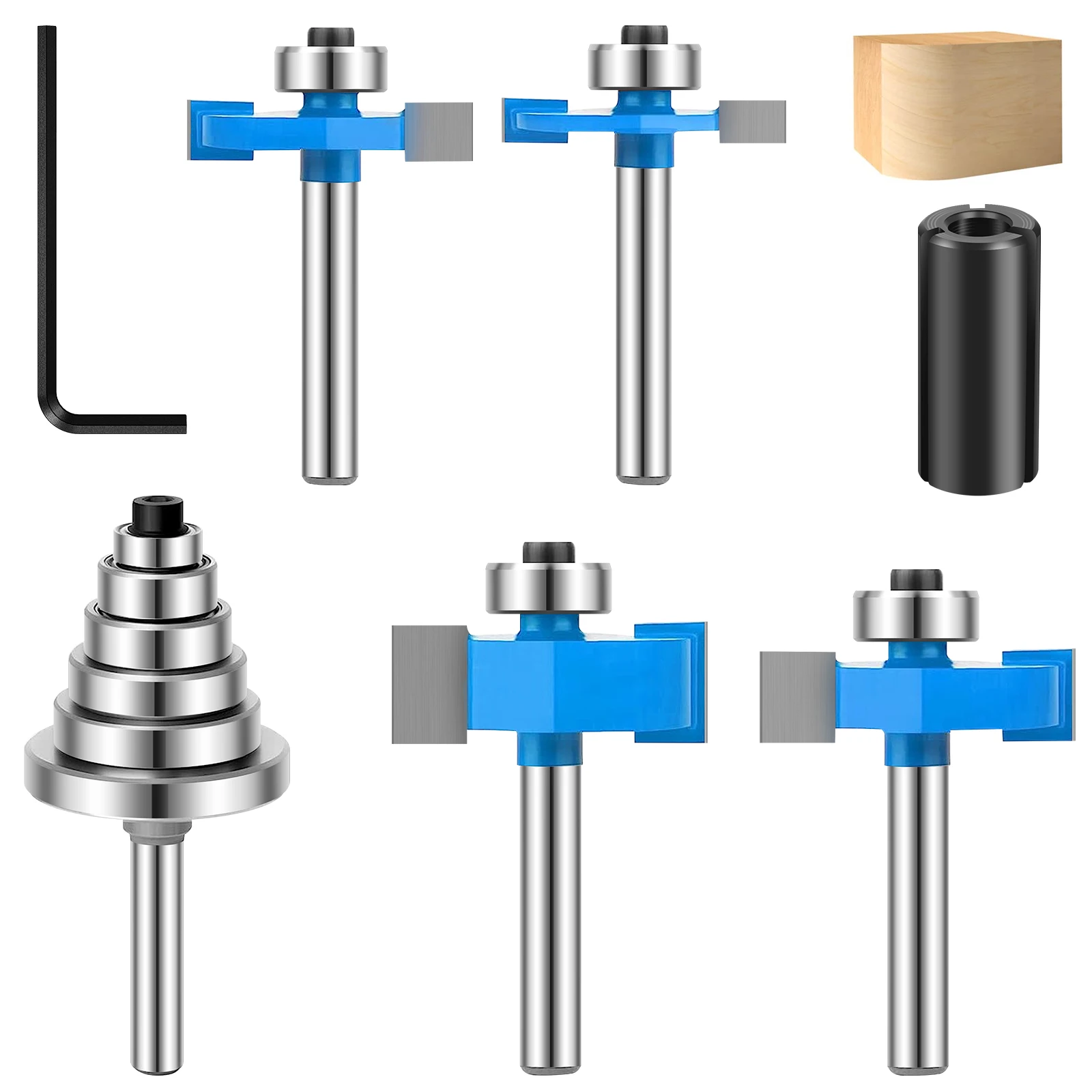 

7Pcs Rabbet Router Bit Metal Carbide Tipped Rabbeting Router Bit Set with 6 Bearings and Wrench Heat-Resistant T-Shape Cutting