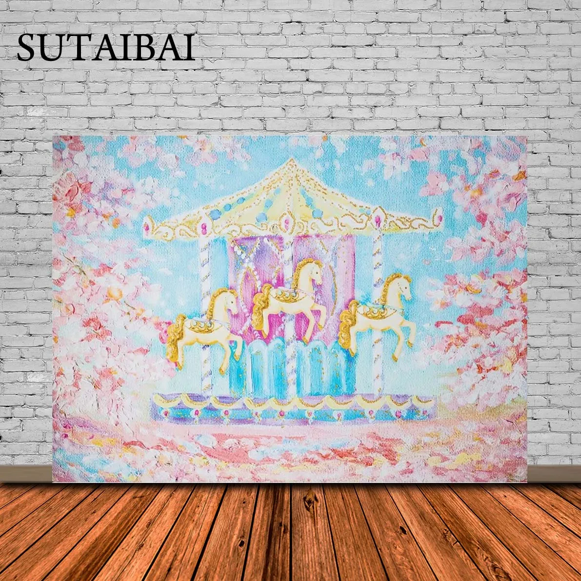 

Happy Birthday Carousel Horse Photography Baby Party Decor Backdrop Photocall Background Photophone Photographic Photo Studio