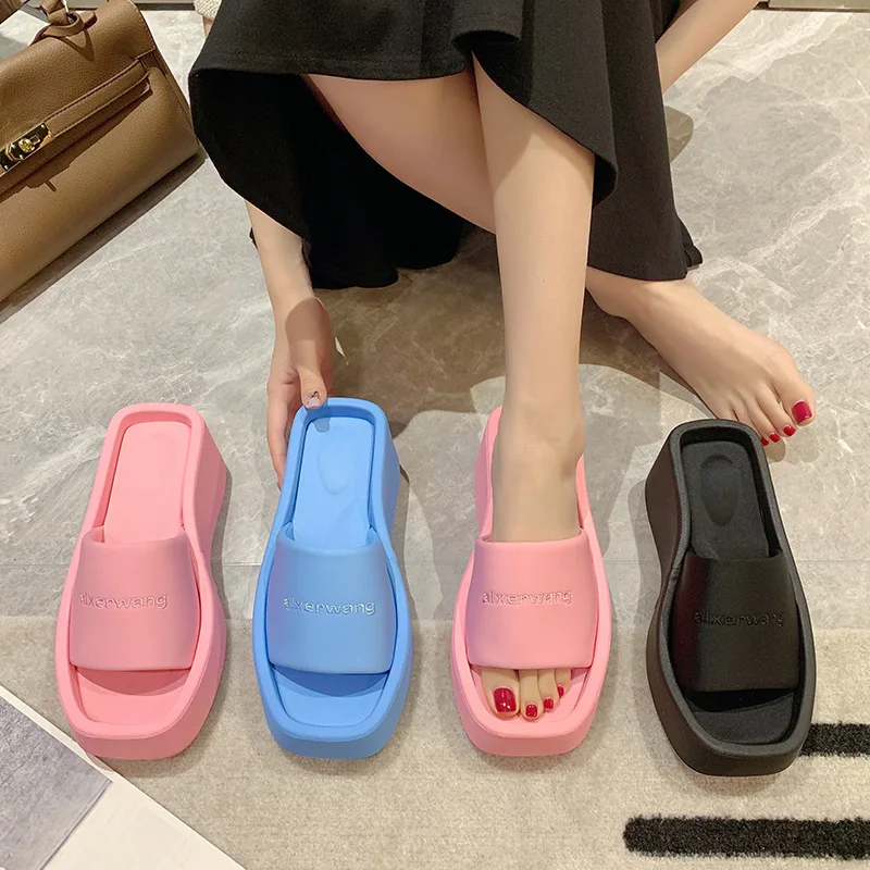 FAFA Thick Bottom Square Head A Word Slippers Female Summer New Muffin Bottom Increase High Slope With Personality Sandals
