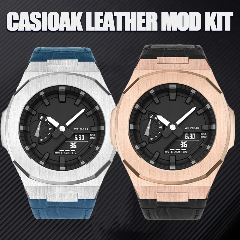Luxury Leather Refit Set for Casioak GA2100 GA-2110 Metal Style for GAB2100 Stainless Steel Modification Kit Metal Strap&Case