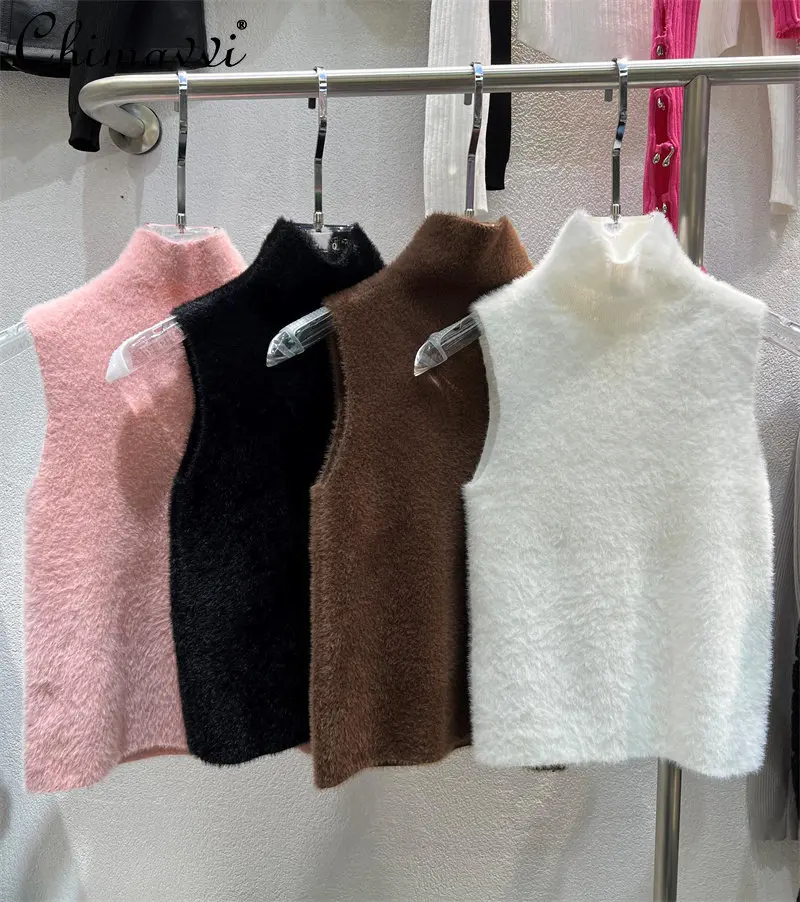 

Осенне-зимний новый модный универсальный свитер с высоким воротником Женский мягкий клейкий Однотонный свитер без рукавов жилет