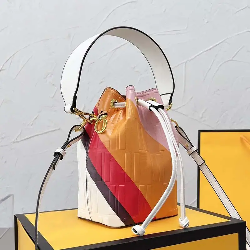 

Women Drawstring Handbag 2022 Mini Bucket Bag Removable Strap Shoulder Bags Canvas Leather Pouch Lettered Gold Crossbody