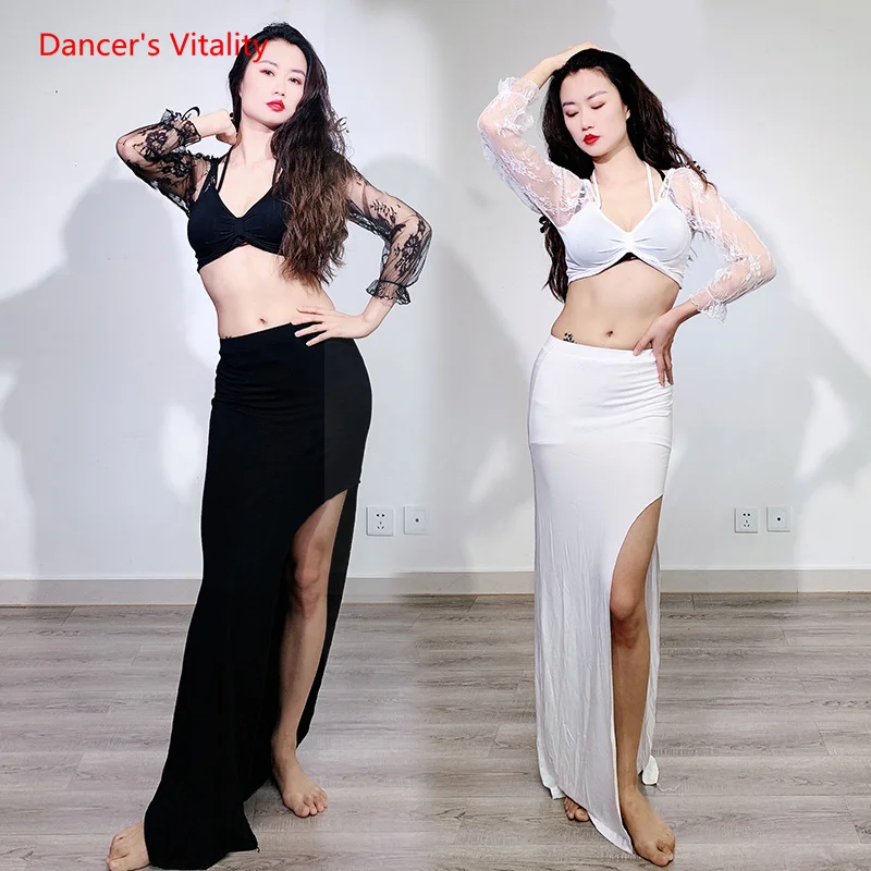 

Belly Dance Suit 2022 New Practice Clothes Oriental Dance Wear Outfit Sext Lace Long Sleeves Top+skirt 2pcs Belly Dancing Set