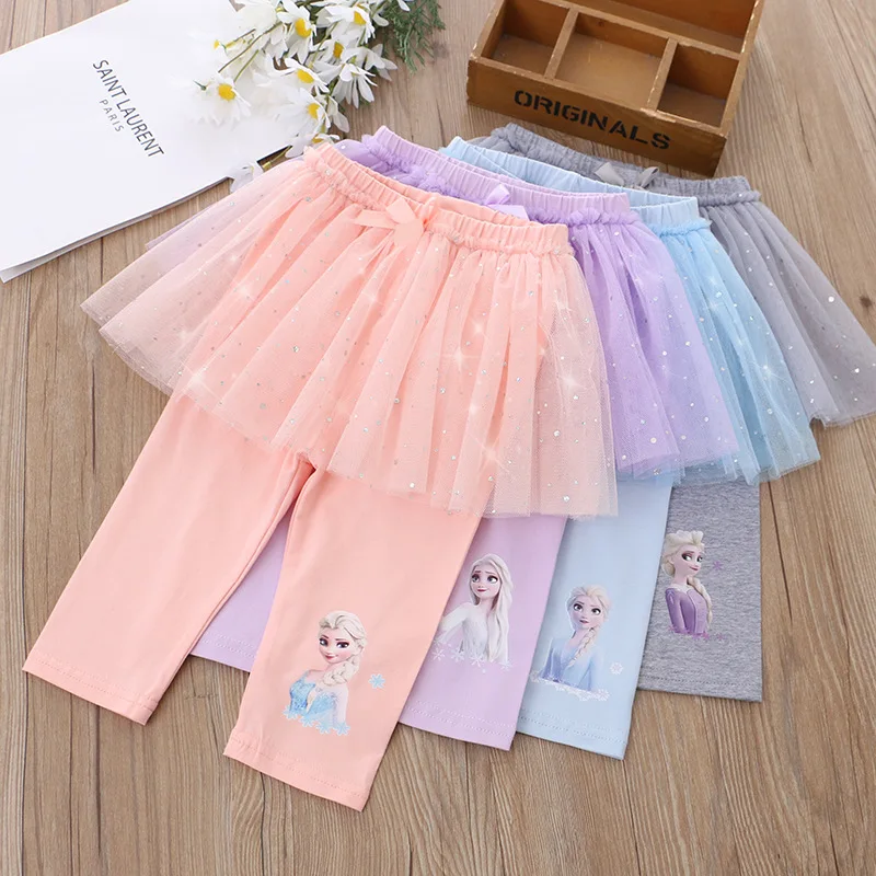 

Summer Cropped Pants for Baby Girls Children's Clothing Shiny Lace Decoration Frozen Elsa Elastic Waist Princess Pant Trend
