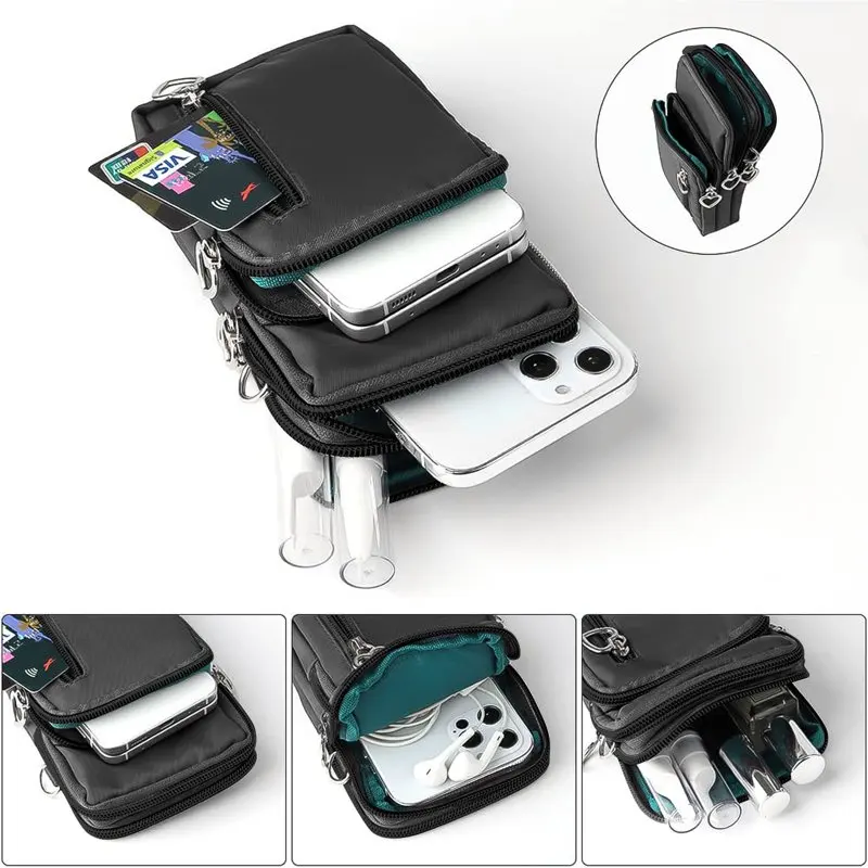 Nylon Waterproof Adjustable Crossbody Phone Purse Women Shoulder Bag with Credit Card Slots Strap Wristband Spo
