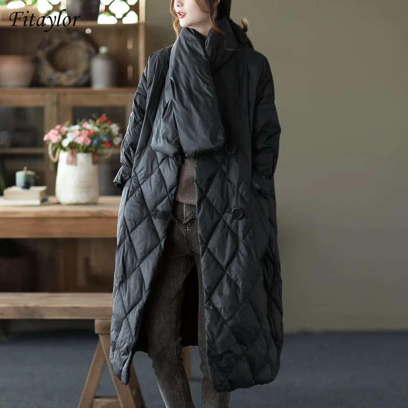 

Fitaylor 2022 Women 90% White Duck Down Jacket Loose Parker Winter Coat V-neck Big Pocket Diamond Lattice Light Warm Outwear