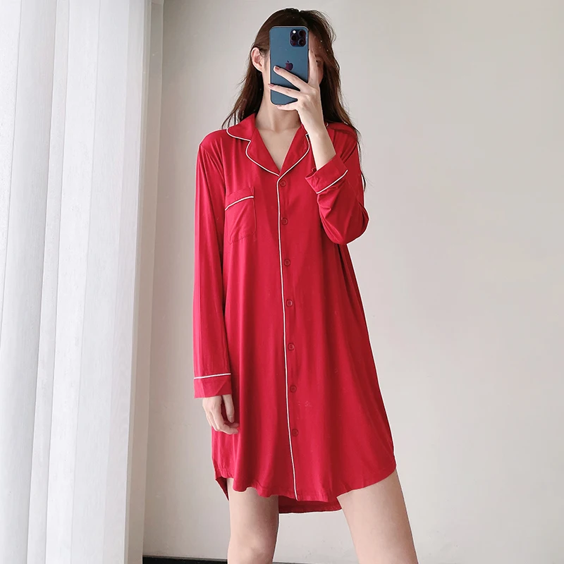 Sexy Nightdress, Pajamas, Modal Shirt-Style Long-Sleeved Cotton Plus Size Loungewear For Outer-Wear