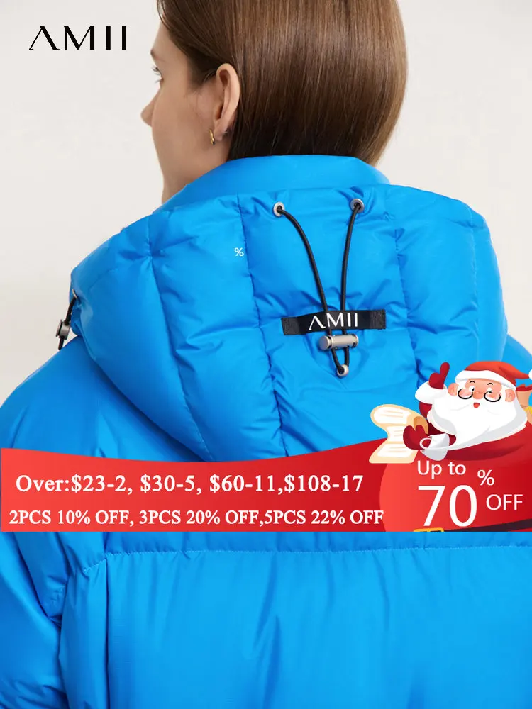 AMII Minimalism Down Jackets Women 2022 Winter Warm Thicken Fashion Loose Hooded Solid Commuter Belt Design Coat Tops 12241162