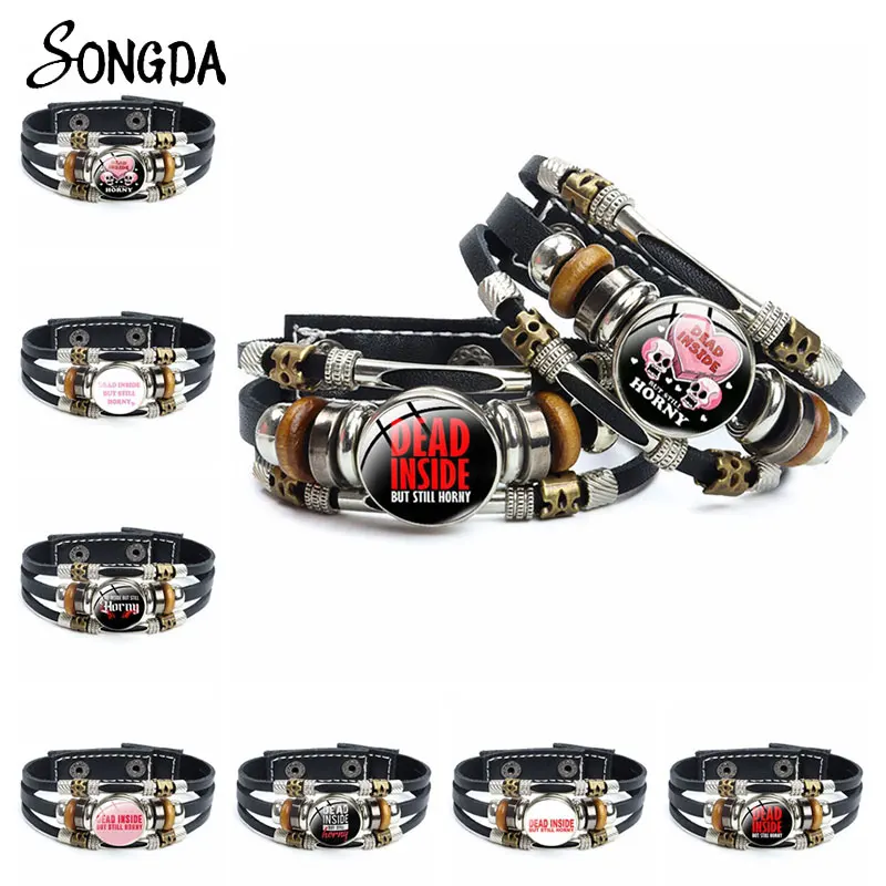 

Punk Dead Inside But Still Horny Bracelet Multilayer Leather Rope Bracelet Glass Cabochon Photo Bangles Adjustable Jewelry Gift