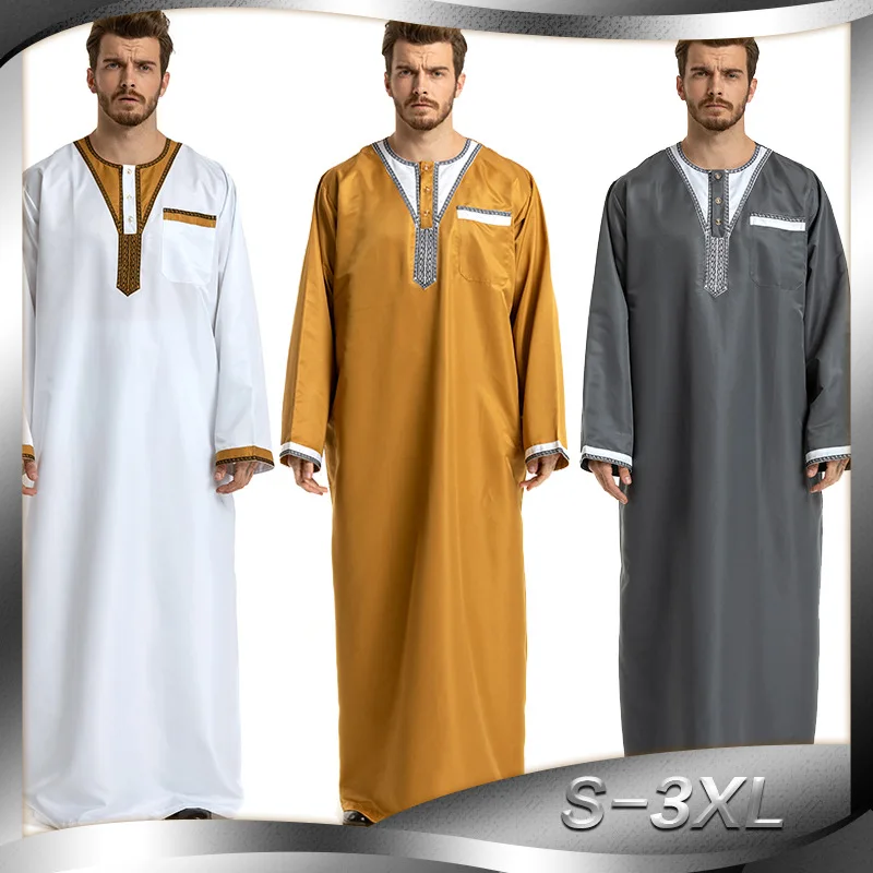 2023 New Fashion Middle East Arab Men's Jubba Thobe Stitching Long Sleeve Muslim Hui Robe Men