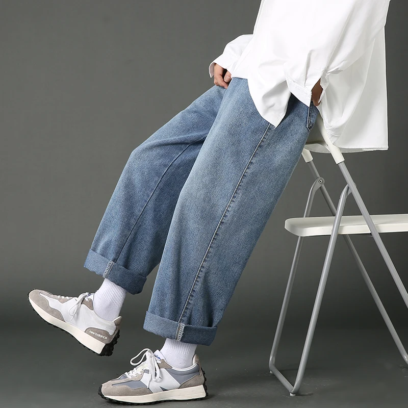 2022 New Street Casual Loose Jeans Men's Korean Fashion Straight Wide Leg Pants Couple Black Blue Light | Мужская одежда