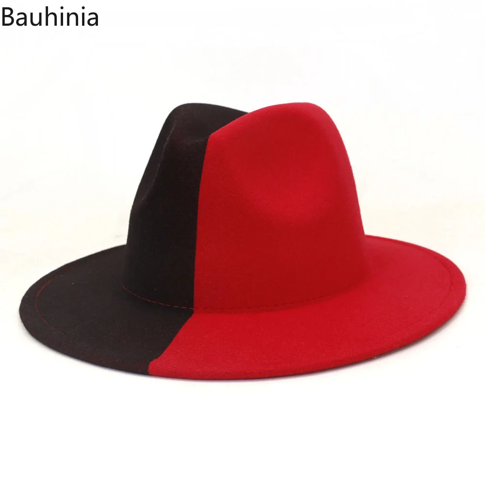 

Bauhinia Black And Red Patchwork Fedoras Hats for Women New Fashion Luxury Felt Jazz Hat for Men Sombreros De Mujer Gorros