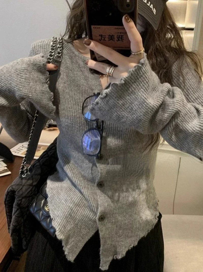 Y2k серый винтажный женский Кардиган с длинным рукавом в стиле Харадзюку