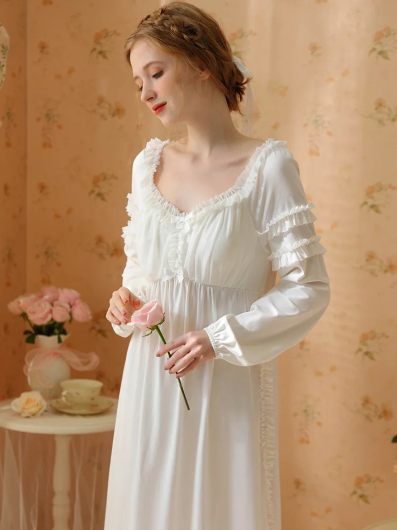 Women Fairy Night Dress Spring Cotton Ruffles Victorian Nightgowns Long Sleeve Sweet Princess Vintage Sleepwear with Chest Pad