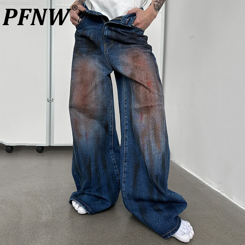 

PFNW Autumn New Men's Striaght Wide Leg Jeans Y2k High Street Hiphop Niche Worn Out Vintage Tie Dyed Trend Unisex Pants 28A3624