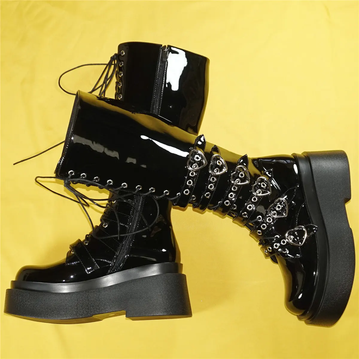 Winter Warm Shoes Women Lace Up Patent Leather Wedges High Heel Knee High Boots Female Round Toe Platform Pumps Casual Shoes