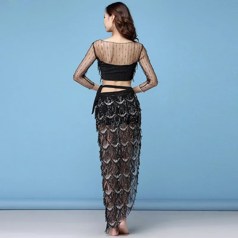 Женский костюм для танца живота сетчатый эластичный из топа и пояса с блестками