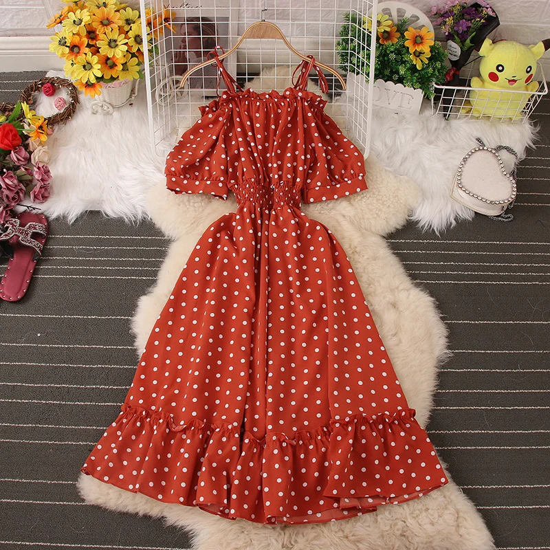 

Fashion Woman Polka Dot Dress 2022 Summer New Fungus Drawstring Off Shoulder Dress Sleeveless Big Swing Orange Dot Dress