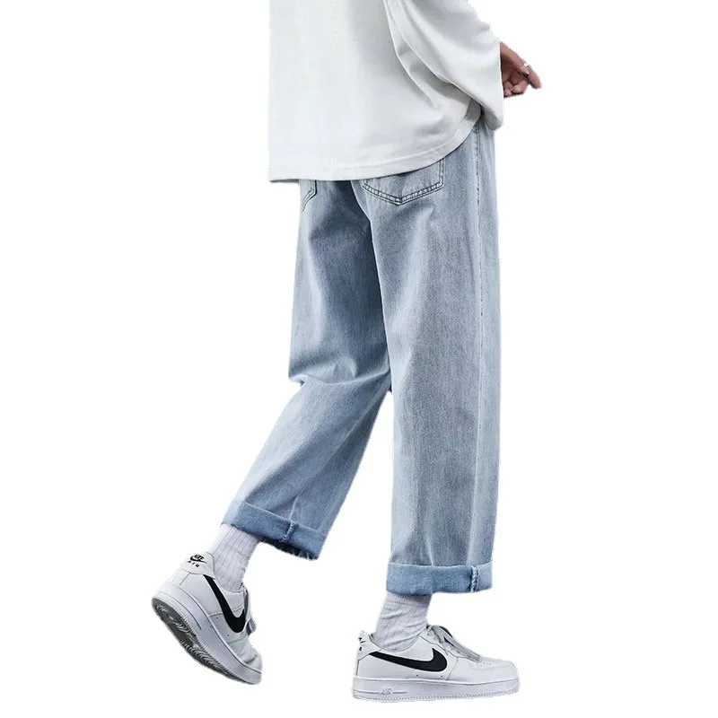 Streetwear Vintage Jeans Summer Fashion Solid Straight-Leg Pants Jeans Men's Casual Mid Waist Button Loose Denim Wide-Leg Jeans