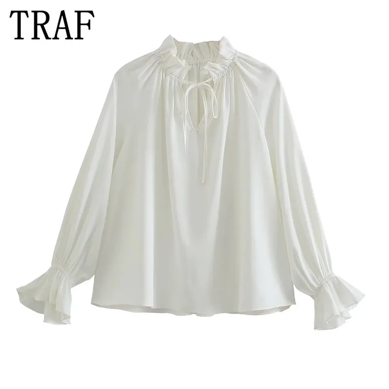 

TRAF Zar Off White Ruffle Top Woman Tied Chiffon Blouse Women Ruched Long Sleeve Top Female 2022 Fashion Casual Elegant Blouses
