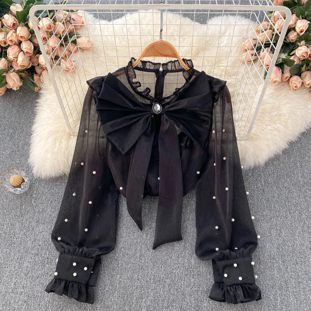 

D084 Women New Fashion Spring Autumn Stand Neck Bow Beaded Ruffled Shirt Loose Western Style Long Sleeve Top Mujer Blouse