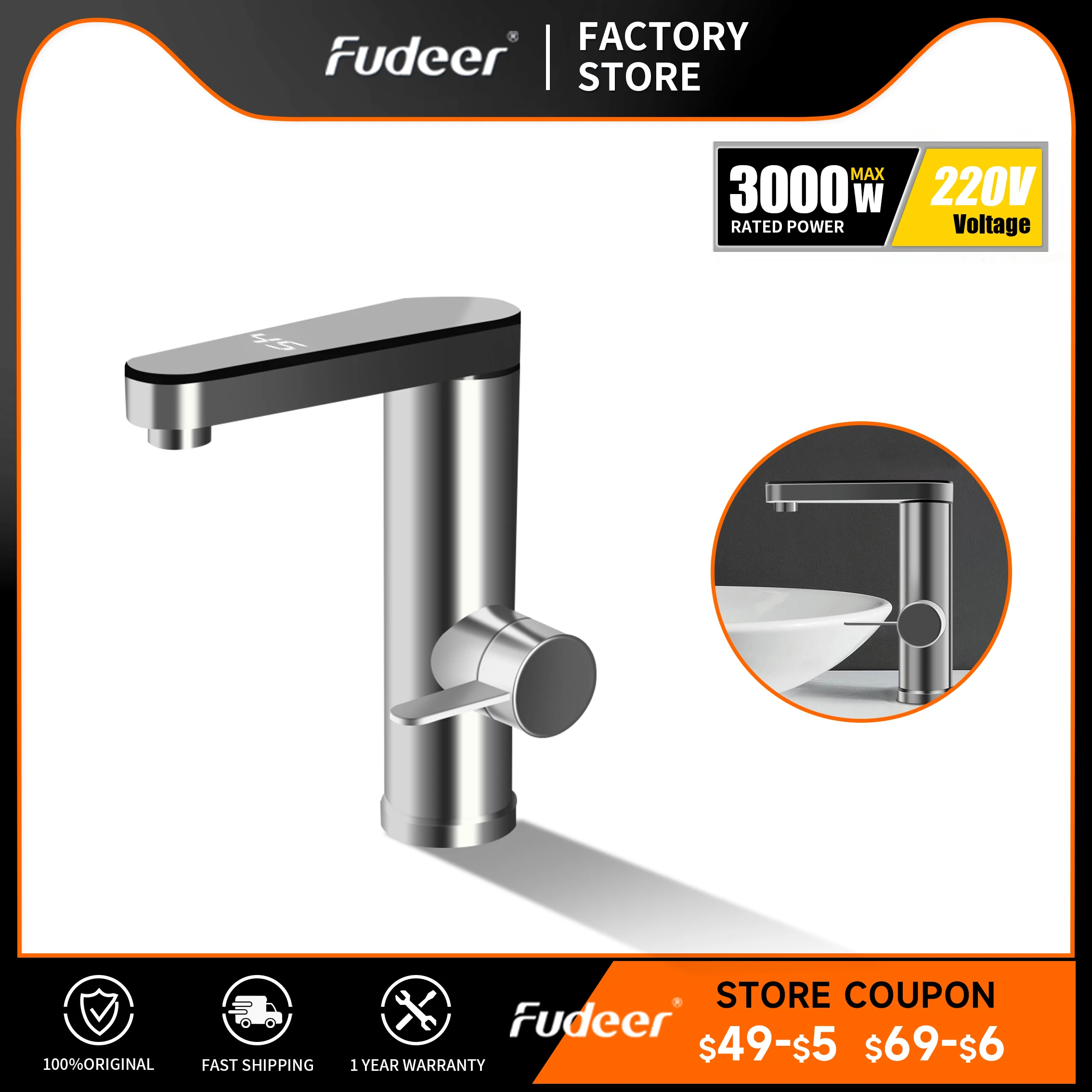 

Смеситель для ванной комнаты Fudeer, смеситель для раковины горячей и холодной воды, смеситель из нержавеющей стали 304 с электрическим подогревом, смесители для раковины с одним отверстием, посуда