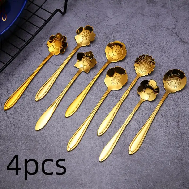 

4 PCS Stainless Steel Spoon Coffee Spoon Cherry Blossom Small Spoon Cute Dessert Spoons Ice Cream Kitchen Decorative Tableware