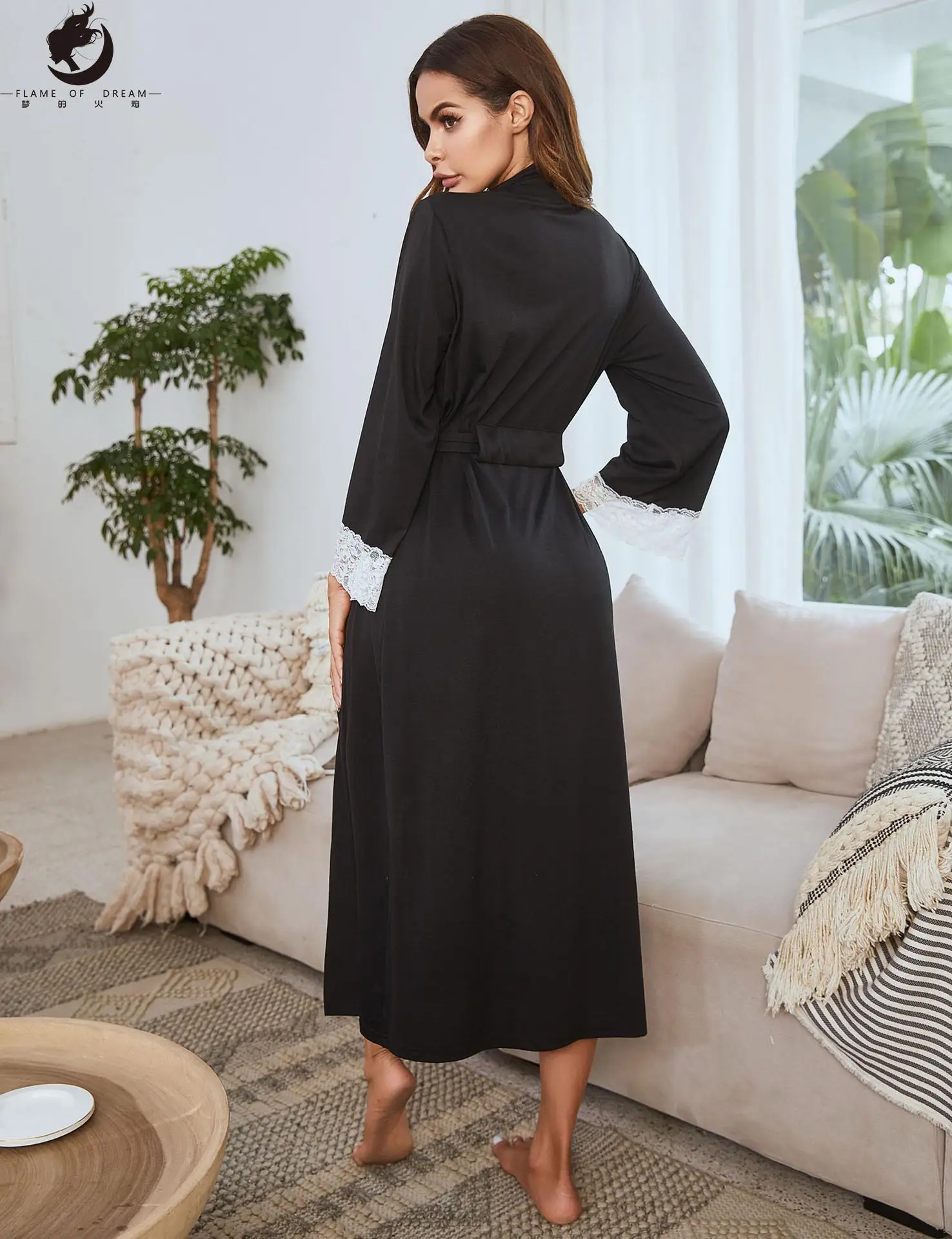 Flame Of Dream Women's Night Sleepwear Lace Stitched Cuffs Long Bandage Nightwear Bathrobe 221618