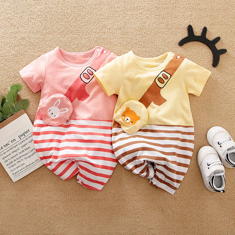

0-2 Years Old Baby Onesie Children's Cartoon Cotton Striped Clothes Kids Summer Short-sleeved Romper Boys And Girls Rompers