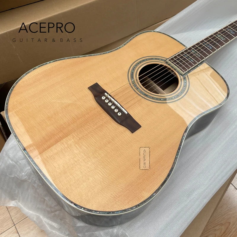 

New 41" Acoustic Guitar Solid Spruce Top Rosewood Back & Sides Hexagon Inlays Abalone Binding Gold Tuners High Quality Guitarra
