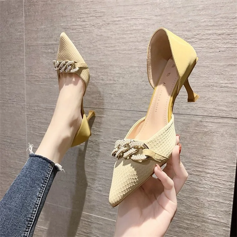 

New Size 34-39 Women Sandals Fashion Summer Womans Office High Heels Pointed-toe Chain Female Pumps Woman Office Heeled Shoes