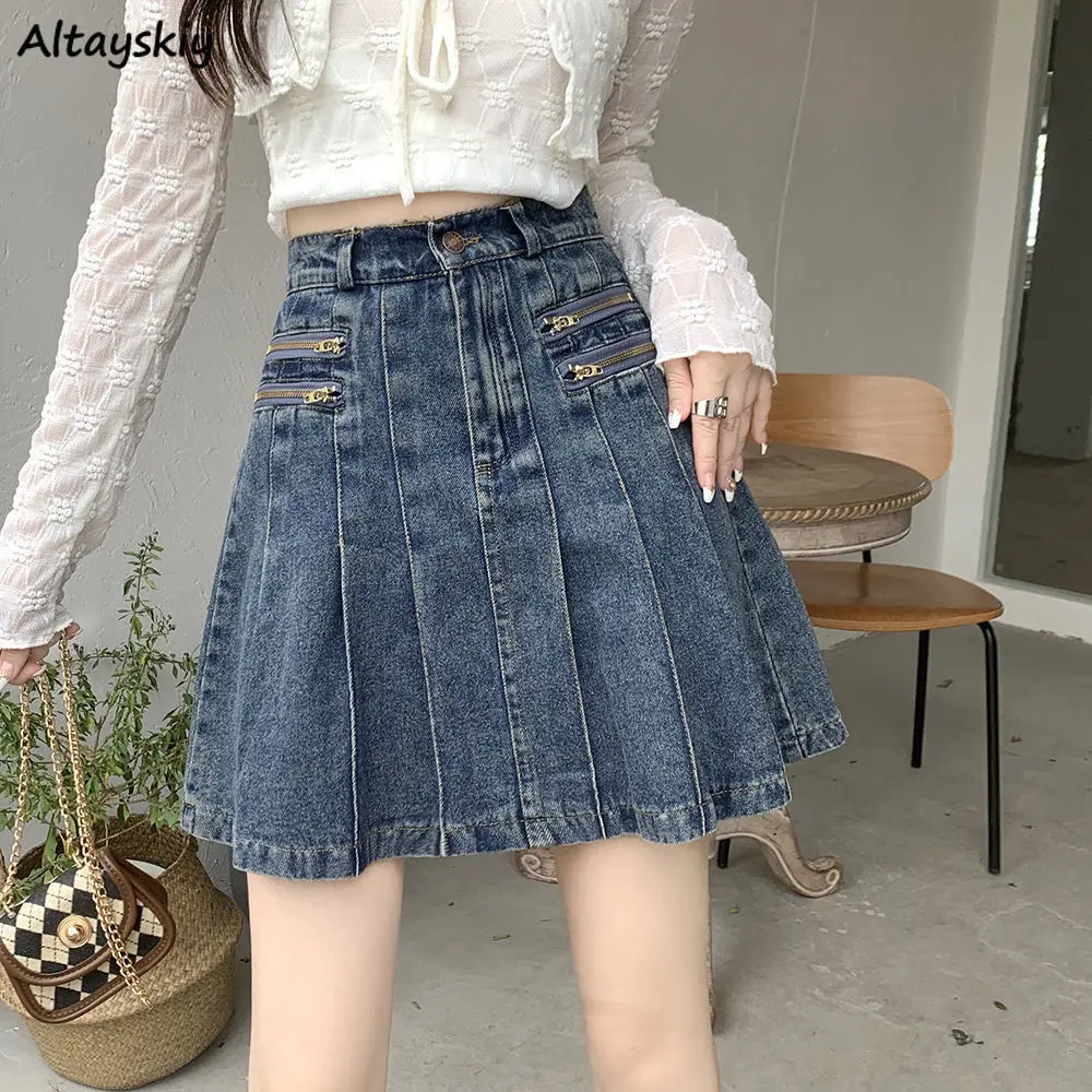 

Denim Pleated Skirts Women Lovely Blue Summer High Waist All-match Vintage Korean Style Minority Girlish Young Fashion Casual BF