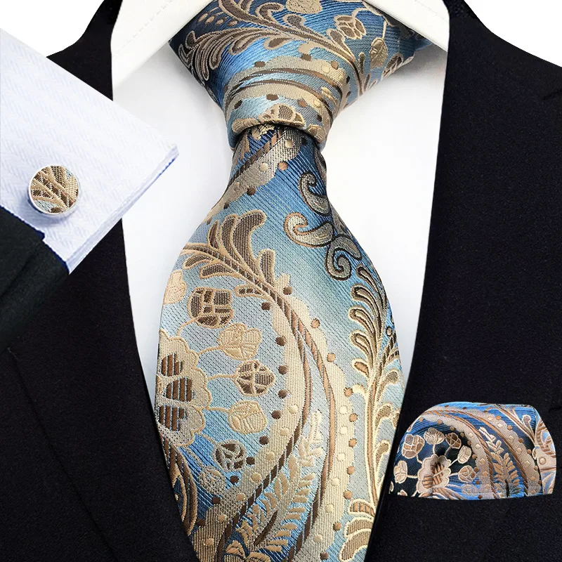 

Men Jacquard Flower Neck Tie Set Paisley Floral Cufflinks Chic Wedding Necktie Pocket Square Silk Handkerchiefs Hanky Cuff Links