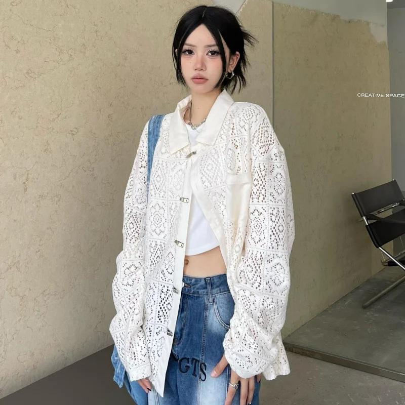 

Camisa американская Ретро Солнцезащитная рубашка вырезанная рубашка свободный кардиган Топ кружевные крючком Рубашки женские блузы женская куртка