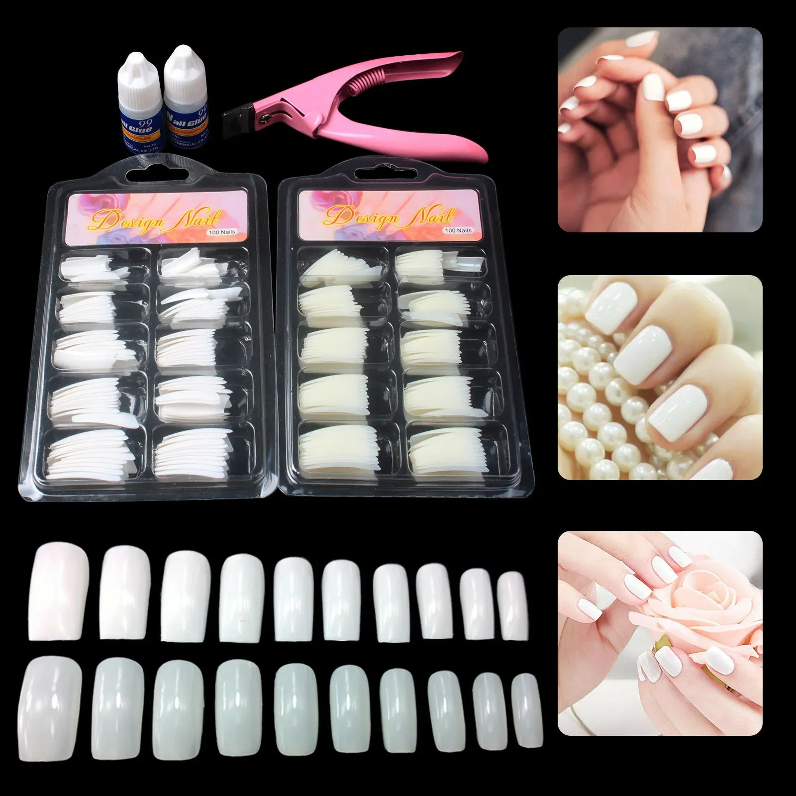 

NEW2023 100 Pcs White Natural False nail /nail glue/ Nail Clipper Acrylic French Tips & Nail Art Glue Cutter Tool Set dropsh