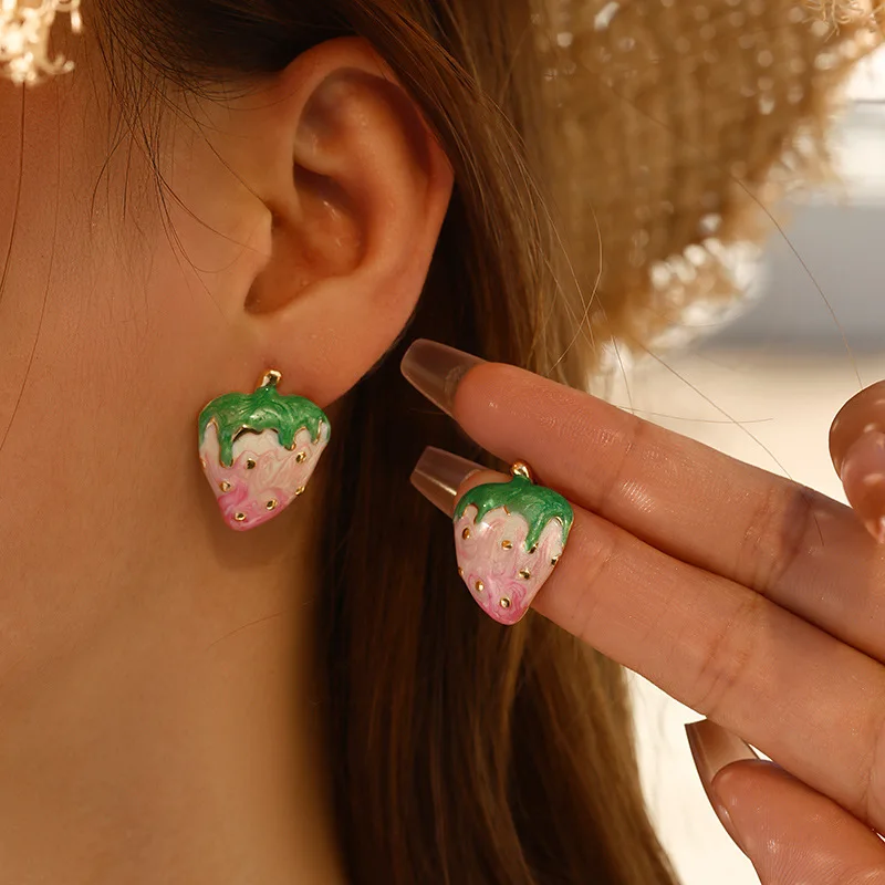 Симпатичные розовые серьги-гвоздики в форме капли клубники для женщин и девушек