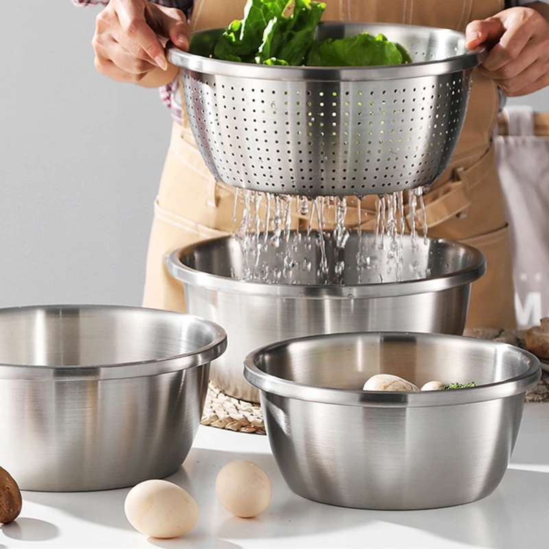 

New Multiple Sizes Stainless Steel Tableware Fruit Salad Bowls Soup Egg Beater Bowl Kitchen Utensil Vegetable Basin Drain Basket
