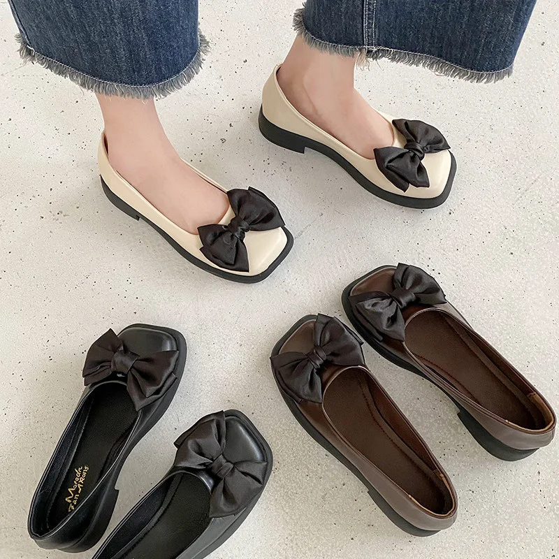 

Womens Derby Shoes Modis Square Toe Bow-Knot British Style Casual Female Sneakers Flats Shallow Mouth Leather 2022 On Heels Summ