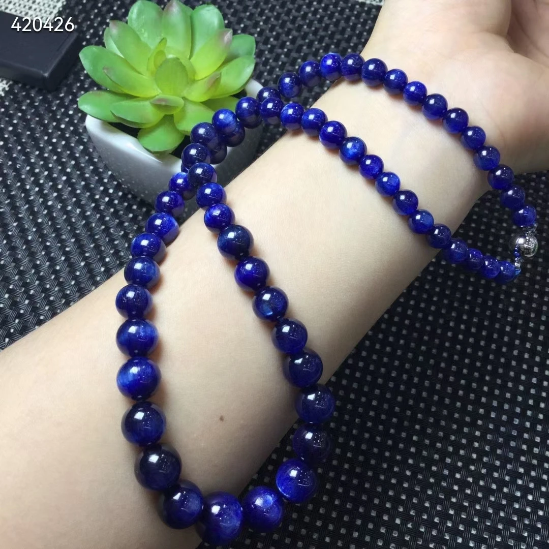

Natural Blue Kyanite Round Beads Pendant Necklace Women Men Kyanite Beads 6-12mm Cat Eye Long Natural Stone Necklace AAAAAA