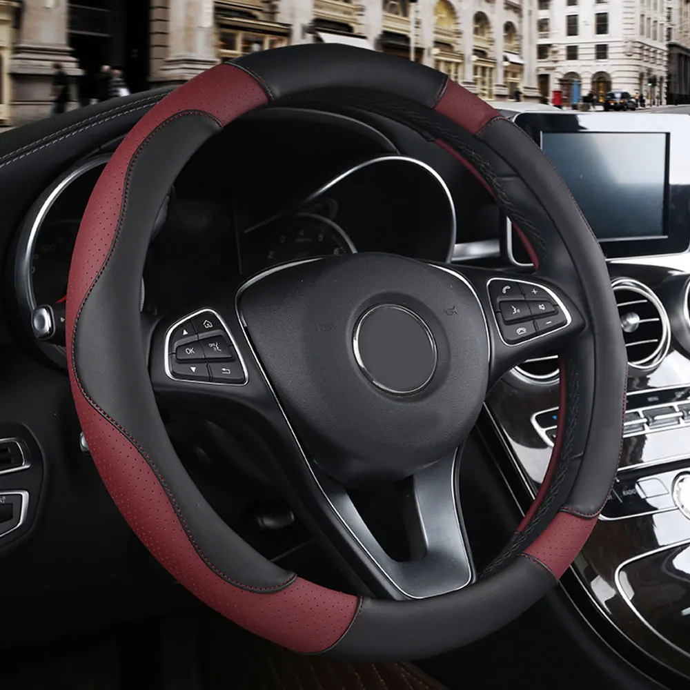 

4 Colors 37-38cm Car Steering Wheel Cover Sport Style Contrast Color Non-slip Sweat Car Steering Wheel PU Leather 15 Inch Cover