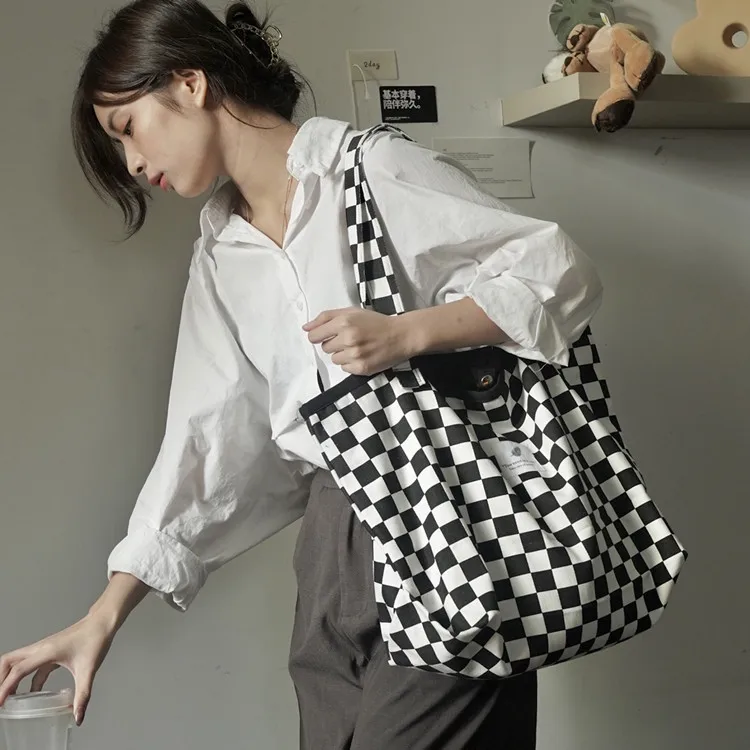 

Japanese Vintage Plaid SHOPPING BAG Canvas Bag Women's High-capacity Chessboard Getot Bag