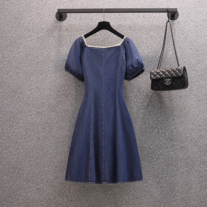 Женское джинсовое мини-платье с рукавами-фонариками и квадратным вырезом