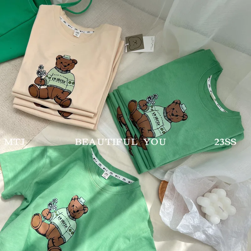 

2023 Summer New Fashion Children's Short Sleeve T-shirt Boys Tees Baby Girls Clothes Print Cartoon Bear Kids Bottoming Tops