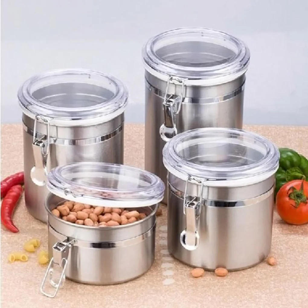 

4pcs Stainless Steel Seal storage pot Beans Food Storage Jar with Transparent Lid Kitchen Conister Kitchen Seasoning Jar
