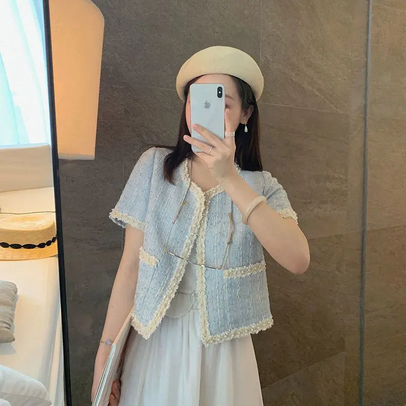 

Runway French Summer Women's Clothes All-Match Tweed Woolen Coat Chic Short Sleeve Thin Luxury Jacket Outwear Casaco